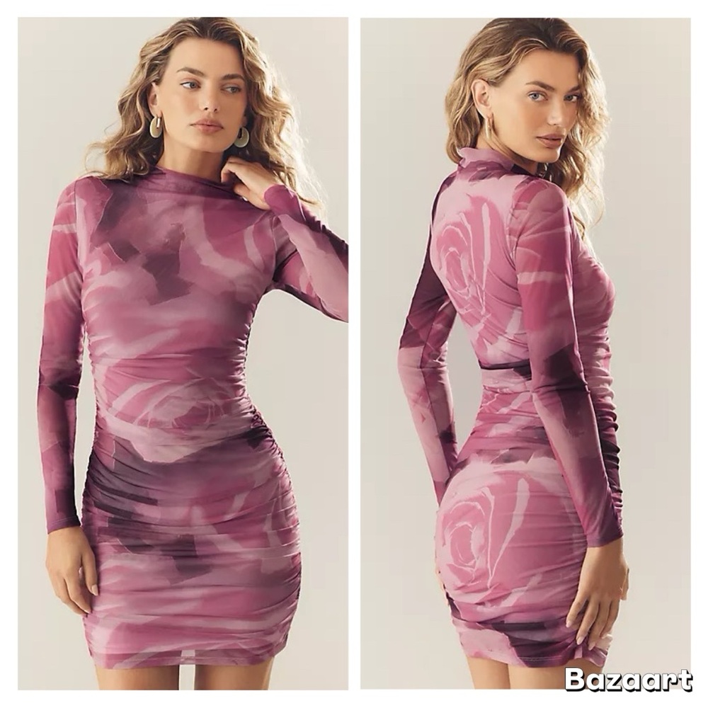 NWT Anthropologie The Maya Long-Sleeve Ruched Cowl-Neck Mini Dress Sz M